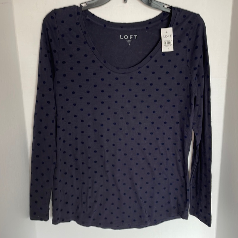 Loft navy blue polka dot long sleeve shirt women’s size small NWT